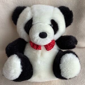Adorable Black White Plush Panda Bear Red and White Polka Dot Bow Stuffed Animal